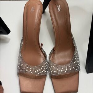 Zara Women's Tan and Silver Embellished Heels